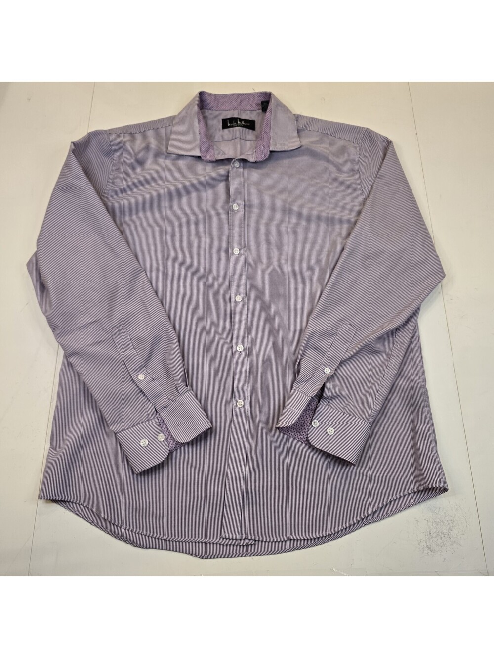 Nicole Miller LS Button Shirt Men L 16-16.5 Slim Fit Purple Stripe Flip Cuff